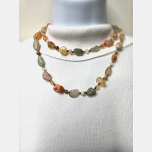 Vintage Beggar's Bead Necklace 36" Long Semi Precious Polished Stones Nuggets